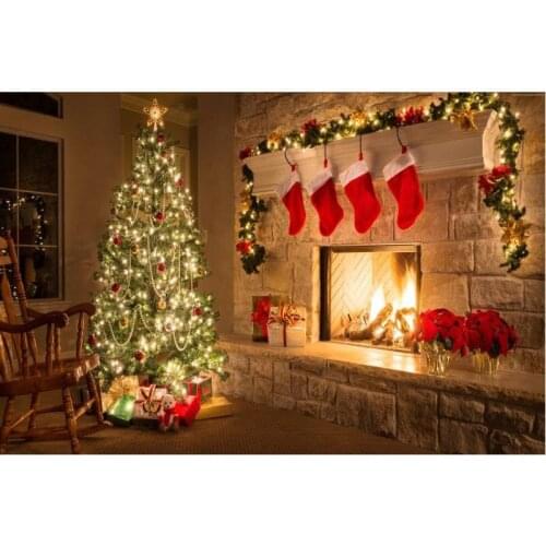 Christmas Backdrop Baby Shower Newborn Wedding Party Decor Xmas Tree Warm Fireplace Background Photography Photo Booth Props