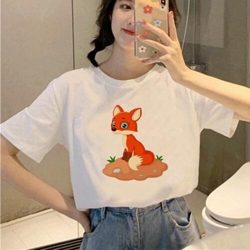 Women T Shirt Cartoon Fox Graphic Print Summer Kawaii Top Tees Fashion Streetwear Short Sleeve 90s Girls Female Ladies Clothing