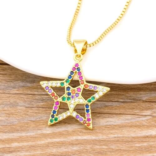 Hot Sale Rainbow Star Shape Pendant Necklace Women Luxury Crystal Statement Necklace Copper Zircon Love Chokers Jewelry Female