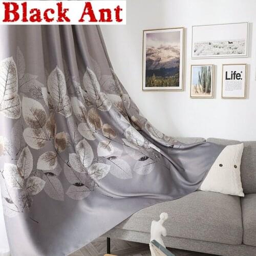 Chinese Style Physical Blackout Curtains Leaf Printed Design Blue Grey Cloth Fabric for Living Room Balcony Window Drapes ZH211F