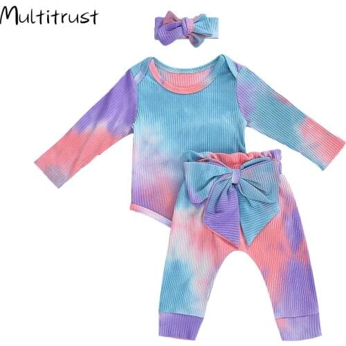 6 Colours Autumn Newborn Infant Baby Girls Clothing Sets Tie Dye Print Romper Tops+Bowknot Pants Leggings+Headband 3PCS Outfits