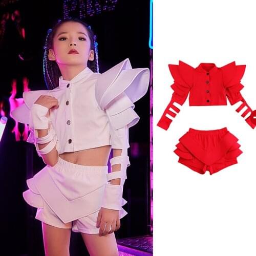 Girls Jazz Dance Costume Children Hip Hop Red/White Set Kids Modern/Street Dance Performance Outfit Catwalk Show Clothes DQL1888