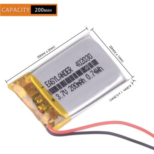 CE Rohs Polymer lithium battery 3.7 V, 402030 042030 200mah DVR video recorder bike light trendvision tdr-200