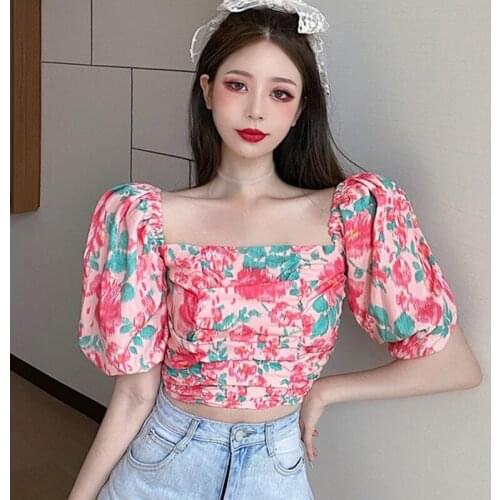 Fashion Sweet Square Collar Casual Shirt Womens Spring And Summer Bubble Printed Short Sleeve Top
