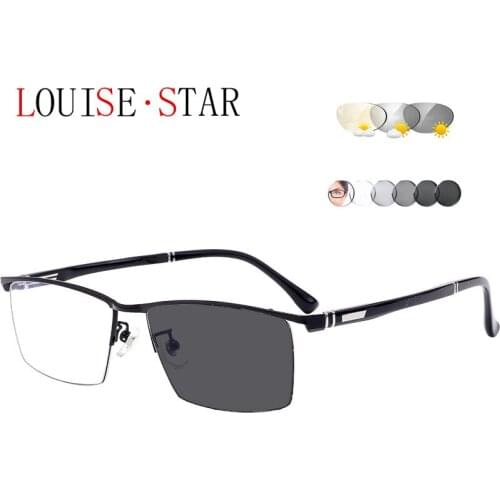 Titanium Alloy Fashion Half-rim Glasses Frame Ultra Light Photochromic Gray Myopia Sunglasses Mens Office Radiation Protection
