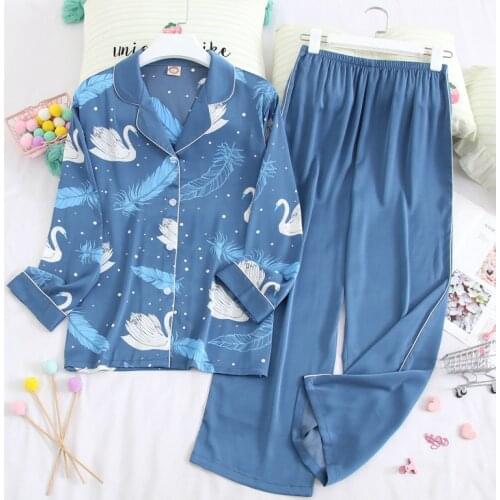 Autumn New Ice Silk Pajama Set Womens Long Sleeve Thin Silk Fashion Two-piece Suit Print Fashion Pyjamas