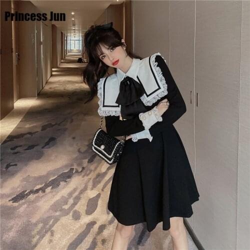 Autumn Winter Vintage Palace Style Little Black Dress Long Sleeve Lace Stitch Navy Collar Mini Dress Sweet Bow Tie Party Dress