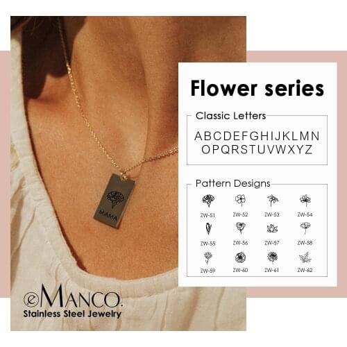 EManco Necklace Square Stainless Steel Pendant Custom Flower theme Lettering Name Necklace Female Trendy Minimalist Necklace