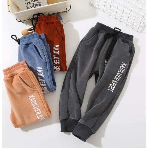 Sweatpants warm trousers in the big kids letters 2020 autumn and winter new children plus velvet to keep warm