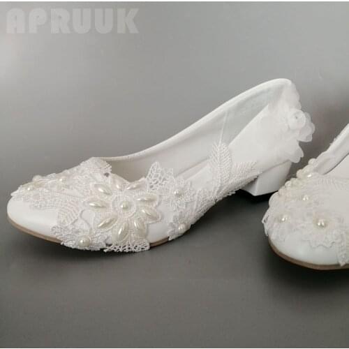 Wedding shoes bridal white lace ivory pearls square heel comfortable ladies bride girl party dinner white proms dress pumps shoe