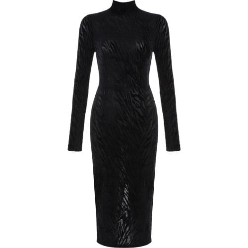 Winter Fashion Womens Black Long-sleeved Long Skirt Sexy Perspective High Neck Celebrity Party Runway Party Tight Dress 2021