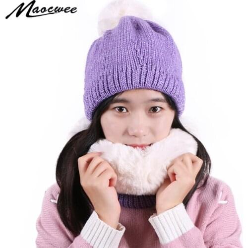 Winter Knitted Beanies Hats Scarf Set Women Outdoor Thick Warm Beanie Skullies Hat Female Bonnet Cap With Lining Ring Scarf Sets