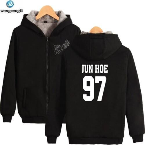 KPOP IKON The Same Style winter Hoodie Fleece Warm Jacket Thicken Coat Long Sleeve Zipper Hoodies Sweatshirt Women Men Clothes
