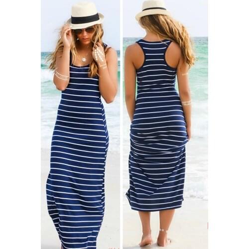 2020 WOMEN plus size Maxi long Dress Summer Loose Causal Cotton Ladies Beach vest Dress Strip Boho Sleeveless Dress Pareo Q046