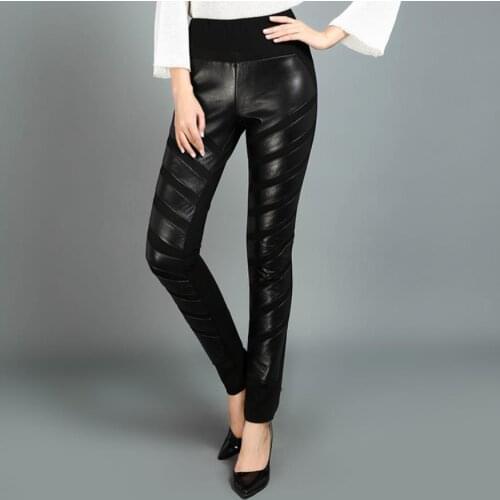 2020 Winter fashion womens genuine leather pants high waist casual Sheep skin trousers female black Stretch pencil pants L1590