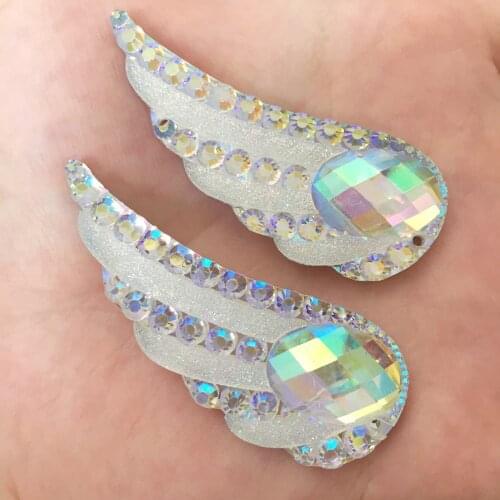 New 6pcs AB Resin Bling Angel wing flatback rhinestone DIY Wedding 2 hole buttons Ornaments craft appliques SF413