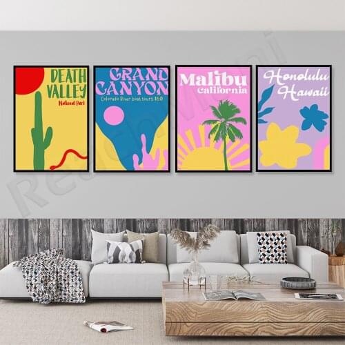 American travel poster, color vintage, Death Valley, Grand Canyon print, Weiyi flower, cocktail, cactus, Arizona, beach vibes, s