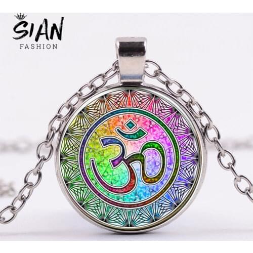 SIAN Classic Hindu Buddhist AUM OHM OM Symbol Pendant Necklace Mandala Art Pattern Glass Cabochon Necklaces For Believer Gifts