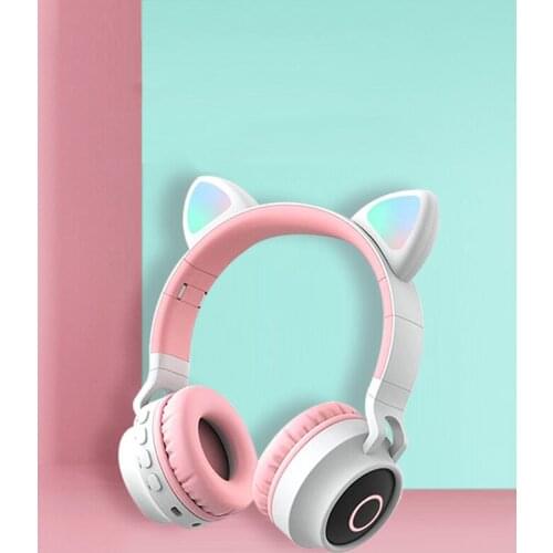 Bluetooth 5.0 Headphone Heavy Bass Cat Ear Shape LED Light Portable Wireless Stereo Foldable Adjustable Headset