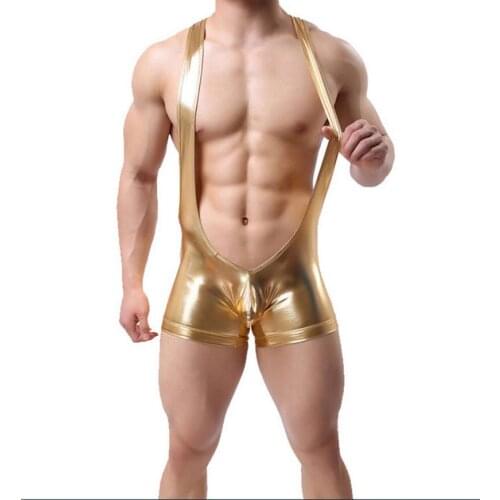 5PCS/LOT Bodywear Faux Leather Wrestling Singlet Mens Sexy Siamese Boxers Underwear Leotard Bodysuit Black/Gold/Silver S M L XL