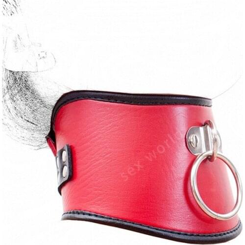 SM Bondage 520*100mm Red PU Leather Posture Neck Collar With Pull Ring Lockable Adjustable Belt Slave Kinky Bondage Sex Products