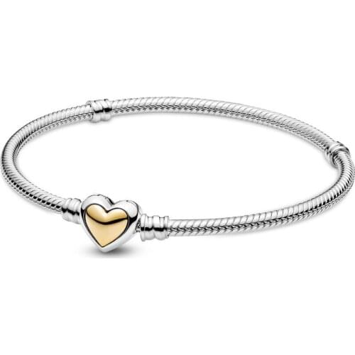 Real 925 Sterling Silver Moments Domed Golden Heart Clasp Fashion Bracelet Fit Pandora Women Bead Charm Bangle Gift DIY Jewelry