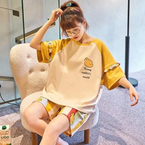 Funny Cartoon Print Kawaii Pajamas For Women Fashion Yellow Patchwork Short Sleeve Tops+Color Stripes Shorts Plus Size Sleepwear