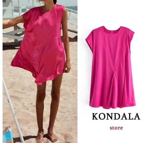 KONDALA Women Chic Pink Stain Casual Beach Mini Dress Short Sleeve Loose Stain Shirt Dress Holiday Streetwear Mujer Vestidos