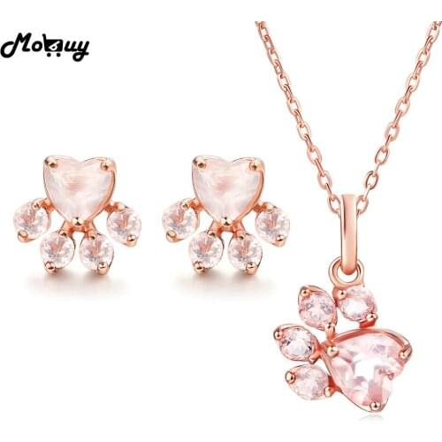 MoBuy Cute Bearfoot Natural Gemstone 100% 925 Sterling Silver 4pcs Jewelry Sets Rose Quartz For Women Fine Jewelry V035EN
