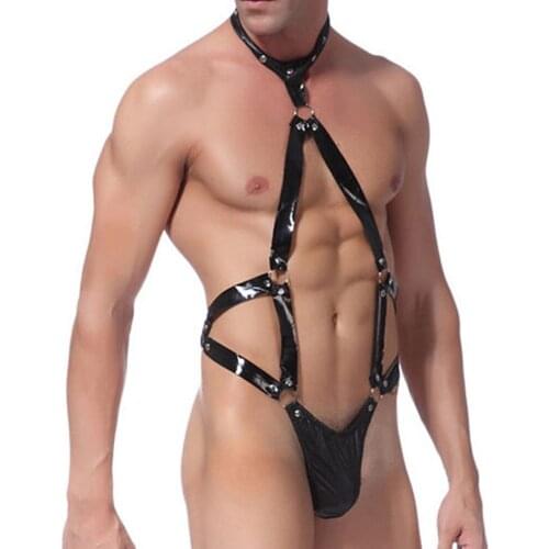 Mens Leather Thong Underwear Jumpsuit Sexy Bar Bandage Underwear