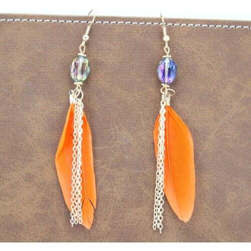 New Fashion Design Drop Earrings Gold Color Chain Tassel Dangle Earrings Feathers Crystal Bead Jewelry