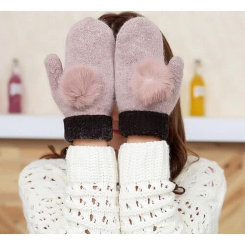 Womens Mittens Gloves 2021 Winter Cute Warm Pompom Gloves Warm Faux Rabbit Fur Thicken Knitted Full Finger Mittens Gloves