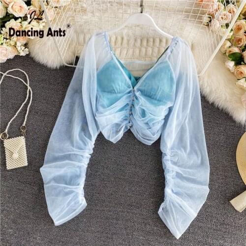 Women Patchwork Shirts V-Neck Long Sleeve High Waist Chiffon Korean New Button Mesh Fashion Autumn New Female Vintage Blouse