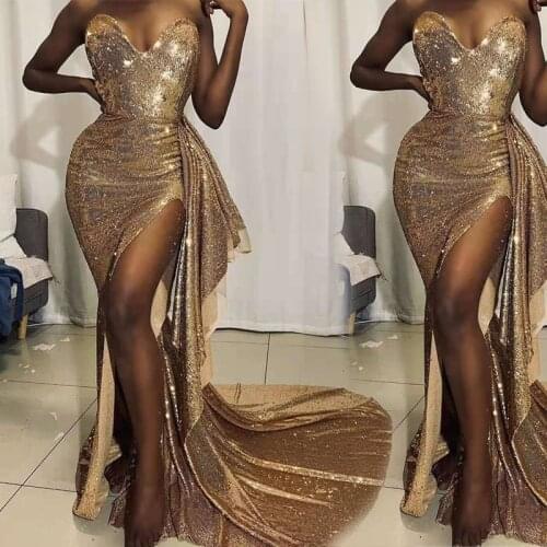 Sexy Split Sequins Evening Dress 2020 Sweetheart Sleeveless Mermaid Prom Dresses Formal High Split Club Party Gowns Cheap