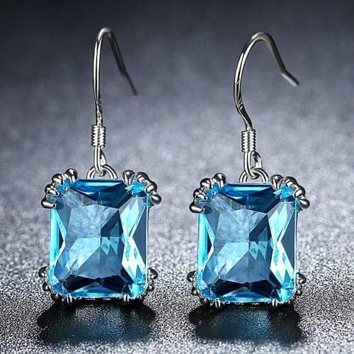 AQUAMARINE BLUE CRYSTAL GEMSTONES DROP EARRINGS FOR WOMEN SQUARE DIAMONDS WHITE GOLD SILVER COLOR PENDIENTES JEWELRY BIJOUX GIFT