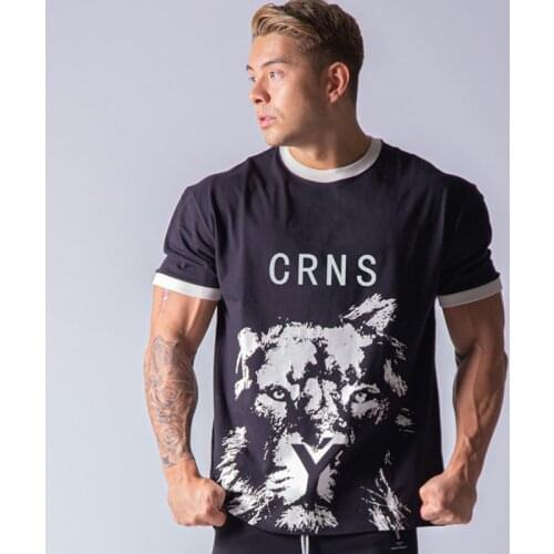 Gym T Shirt Sport Shirt Men Fitness Running Jogging Training T Shirt Black Casual Cotton Print Workout Short Sleeve Summer Tops