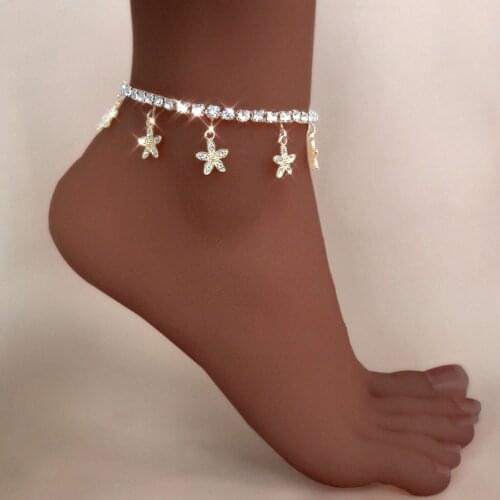 Trendy New Iced Out Rhinestone Flowers Anklets Bling Gold Crystal Chain Anklet Bracelet for Women Summer Beach Barefoot Jewelry