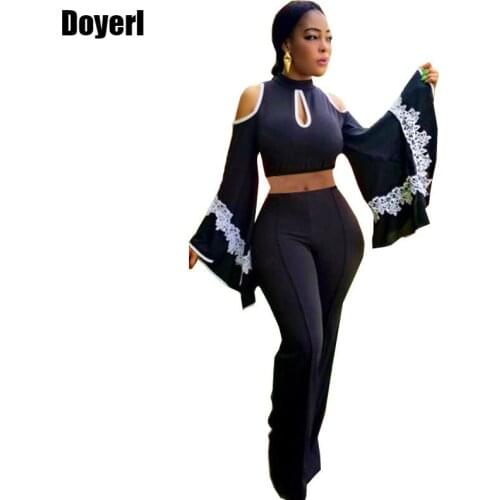Autumn Womens Two Piece Sets 2021 Flare Sleeve Lace Patchwork Cold Shoulder Crop Top and Black Pant Suit 2 Piece Sets Outfits