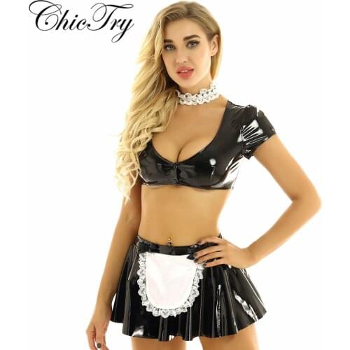 3Pcs Womens Patent Leather Maid Cosplay Costumes Outfit Deep V-neck Short Sleeve Crop Top with Flared Mini Skirt and Choker