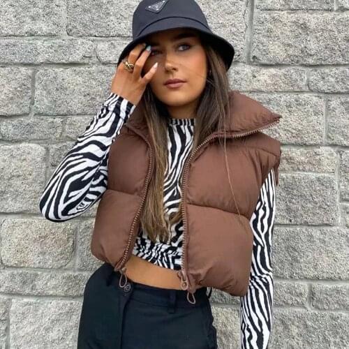 2021 Women Fashion Brown Cropped Vest Coat Female Stand Collar Zipper Waistcoat Ladies Casual Outerwear