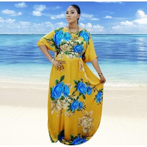 Abayas For Women Batwing Sleeve Maxi Dress O-neck Rose Printing Fashion Prom Robe Boubou 2021 Autumn Femme African Dresses