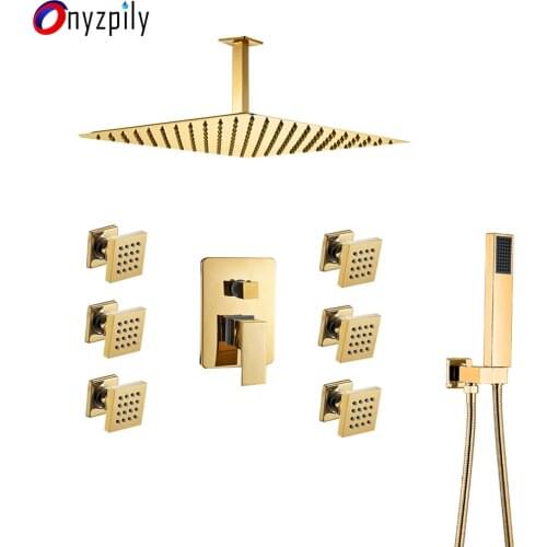 Onyzpily Golden Shower Set Bathroom Shower Faucet Mixer Water Tap Shower Head Stainless Steel Ceiling Mounted Body Massage Jet