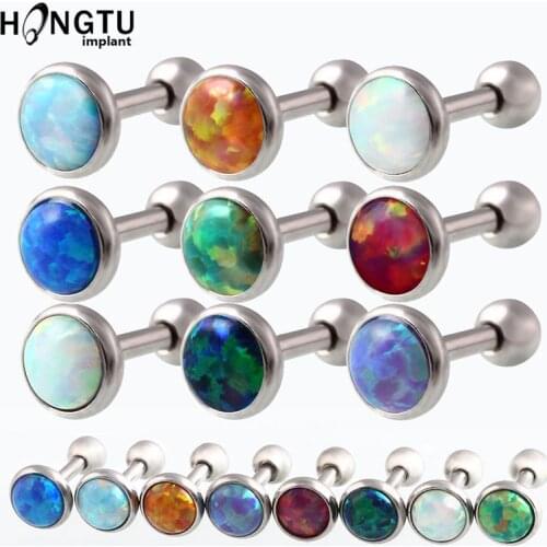 2PCS Stainless Steel With Opal Stone Ball Barbell Tongue Rings Fashion Barball Tongue Stud Body Art Piercing Jewelry Accessories