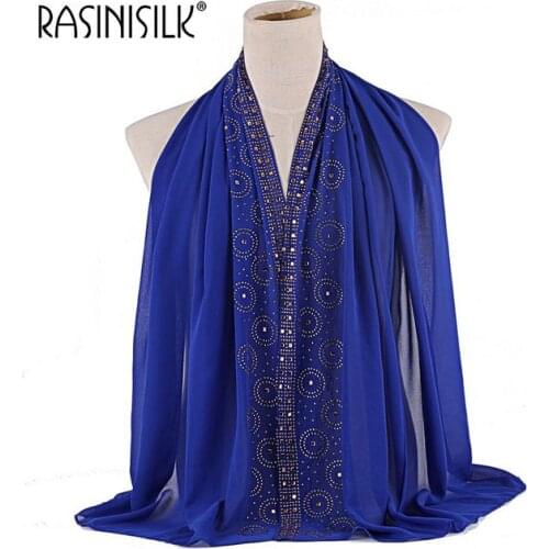 2019 Summer Bubble Chiffon Long Shawls Muslim Hijab Scarves Wrap Headscarf Exquisite Rhinestone Floral Islamic Voile 27.5*67inch