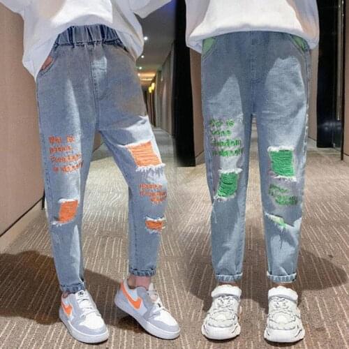 4 5 6 7 8 9 10 12 Years Old Kids Girls Embroidery Hole Blue Denim Cowboy Pants For Girls School Korean Pencil Trousers Clothing