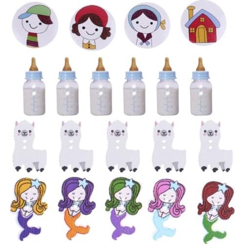 50Pcs Baby Bottle Wooden Buttons Alpaca Painted 2 Holes for Crafting DIY Children Clothing Sewing Accessories Decoration