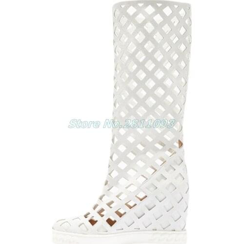 Hollow Height Increase Boots Round Toe Wedges Knee High Custom Made Whtie Leahter Summer Rome Boots Breathable Shoes