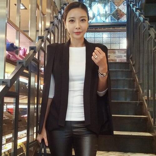 Black White Cloak Cape Blazer Spring Autumn Women Lapel Split Casual Open Front Poncho Suit Jacket Coat Workwear Chaqueta Mujer