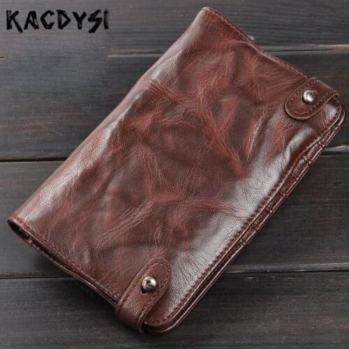 Genuine Sheepskin Leather Long Soft Mens Wallets Bifold Retro Purse High Quality Wallet Leather Man Credit Card Holder Phone Bag