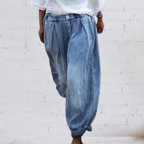 Women Elastic Waist Harem Jeans Loose Denim Pants New Chic Solid Color Button Imitation Cowboy Spring Summer Streetwear Trousers